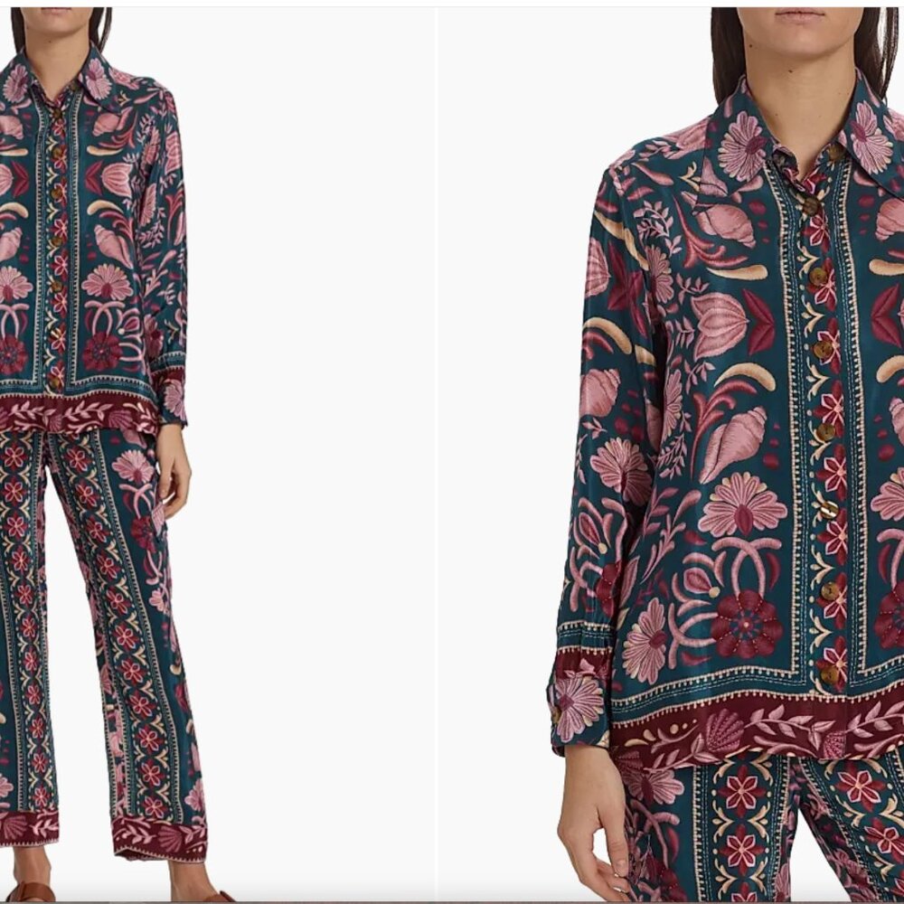 Farm Rio's Seashell shirt and Tapestry Teal Cargo Pants, NWT, size M